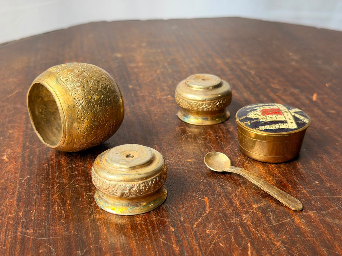 Vintage Brass Miniature Vessel Set Enameled Trinket Box Small Spice Bowls Spoon