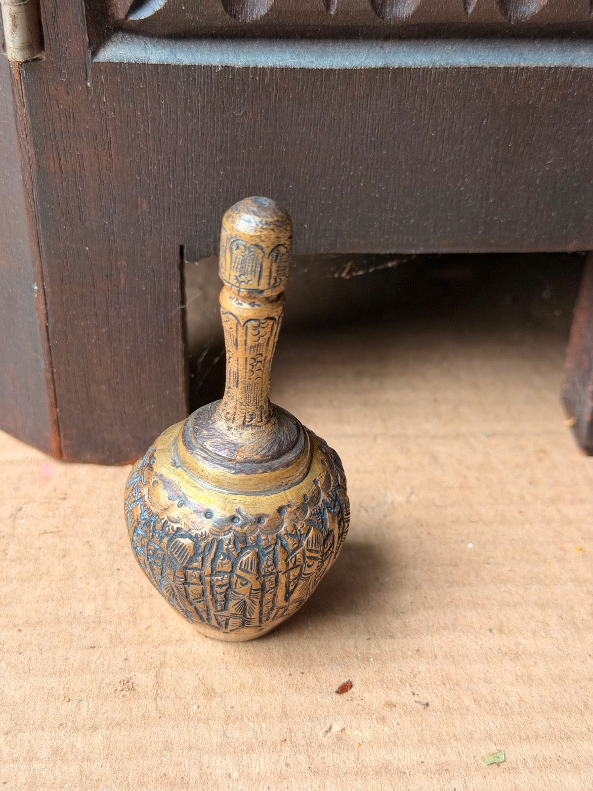 Vintage Brass Kohl Bottle Perfume Flask Etched Procession Mini Vessel