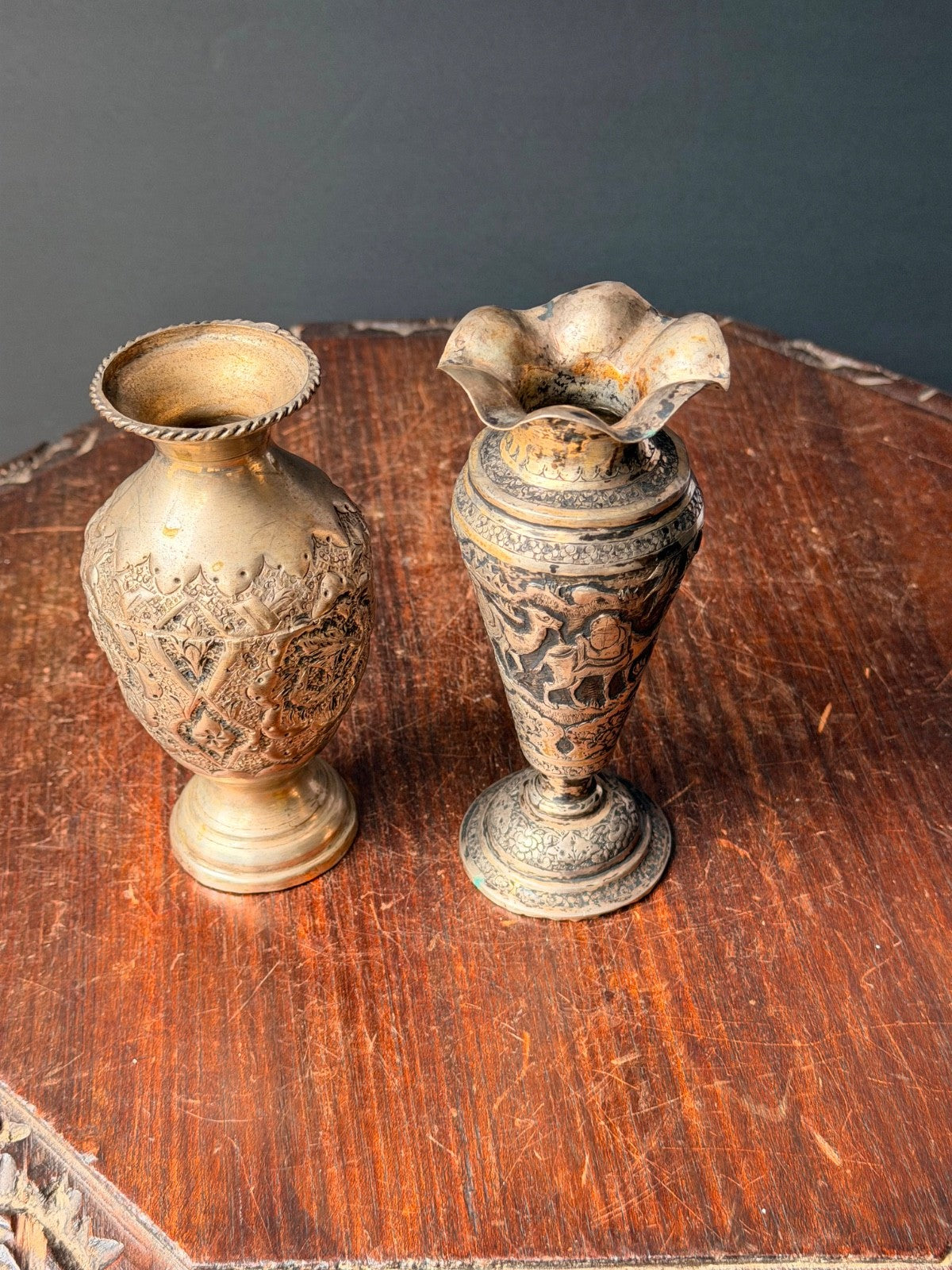 Vintage Near Eastern Silver Plated Brass Vases Pastoral Scene Folk Art