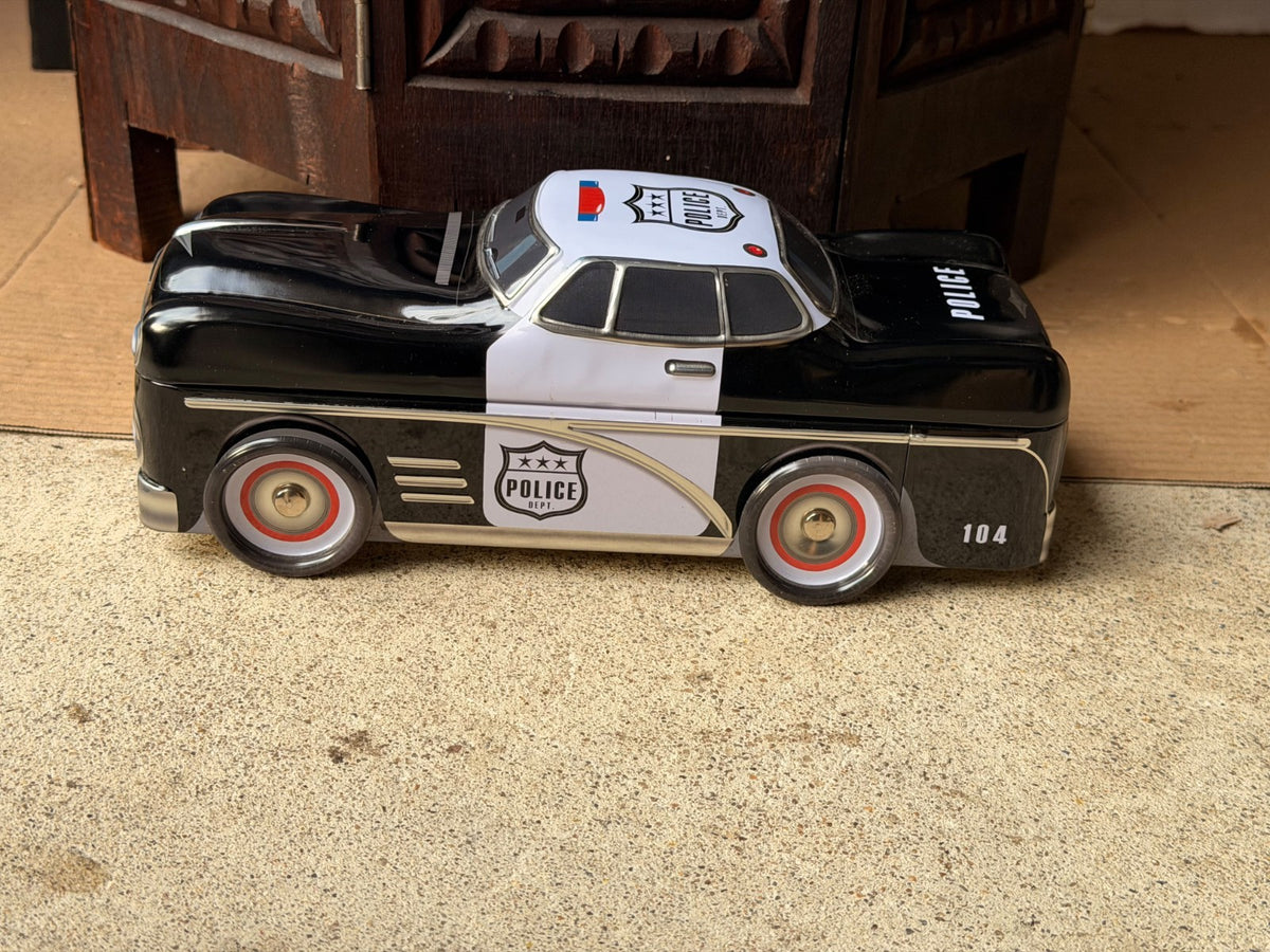 Silver Crane Police Car Cookie Tin Retro 1950s Cruiser Novelty Tin Box 10.5"