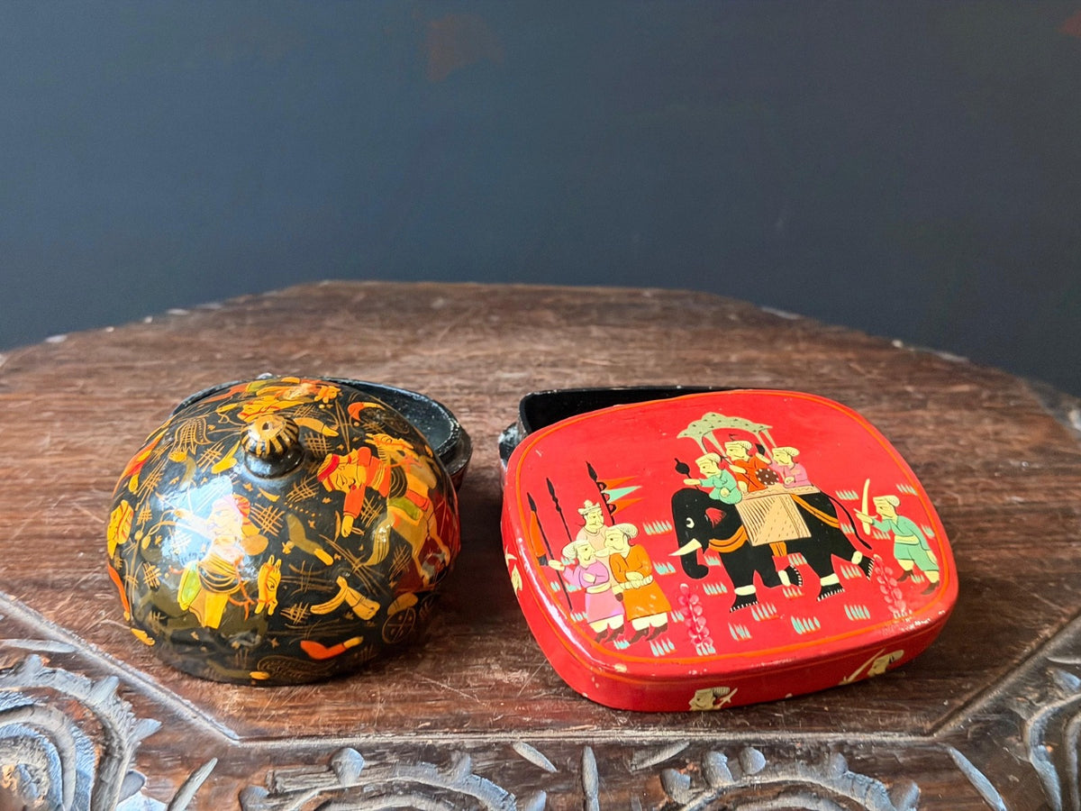 Vintage Hand Painted Lacquer Wood Box Set Royal Elephant Procession Folk Art