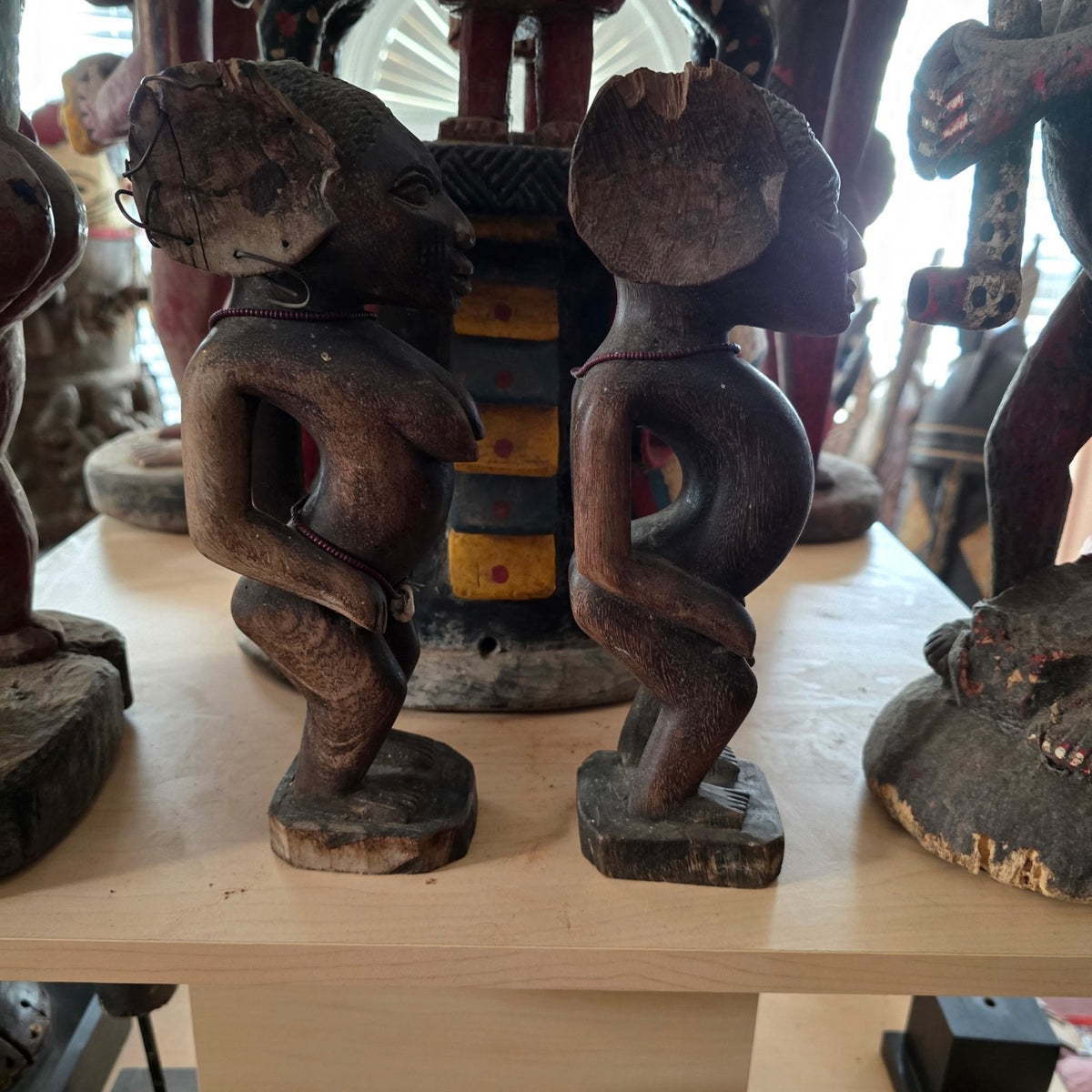 Vintage Fon Venavi Twin Figures Pair Benin Carved Wood African Sculpture 11"