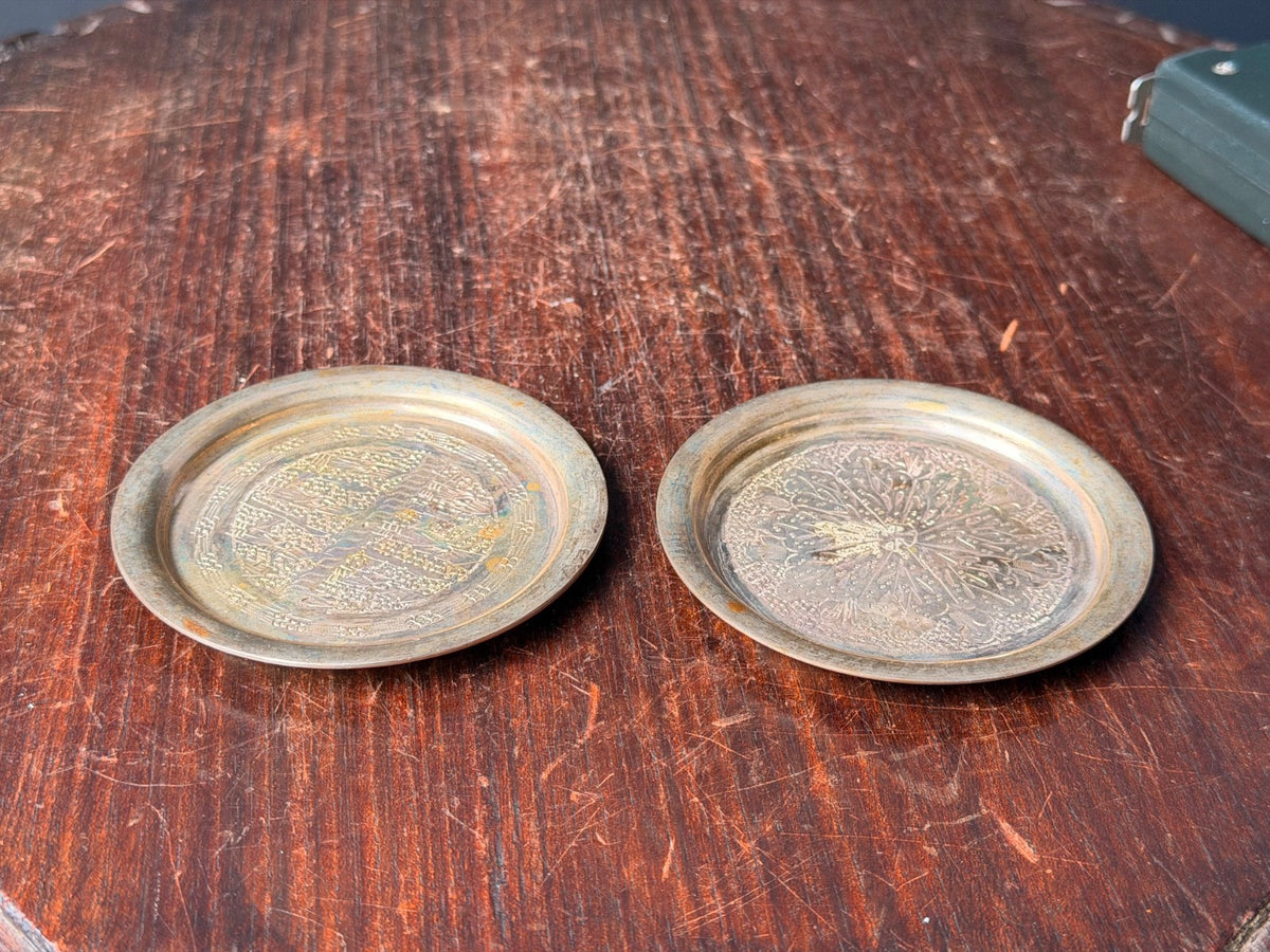 Vintage Middle Eastern Silver Plated Coasters Near Eastern Etched Dish Pair