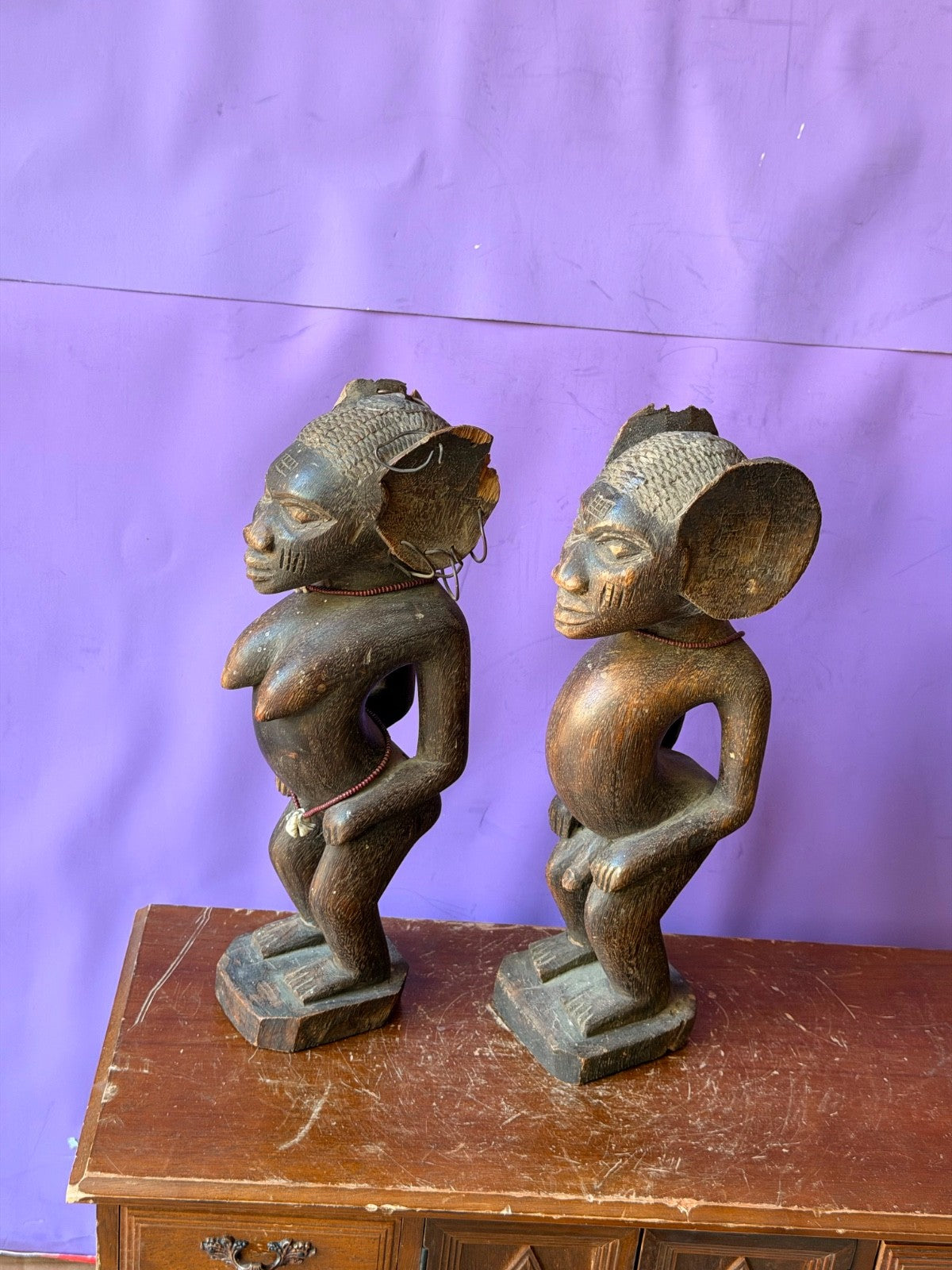 Vintage Fon Venavi Twin Figures Pair Benin Carved Wood African Sculpture 11"