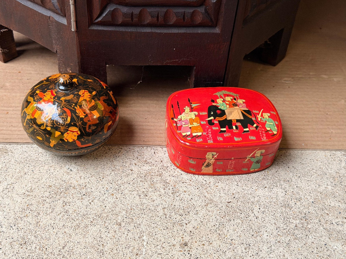Vintage Hand Painted Lacquer Wood Box Set Royal Elephant Procession Folk Art