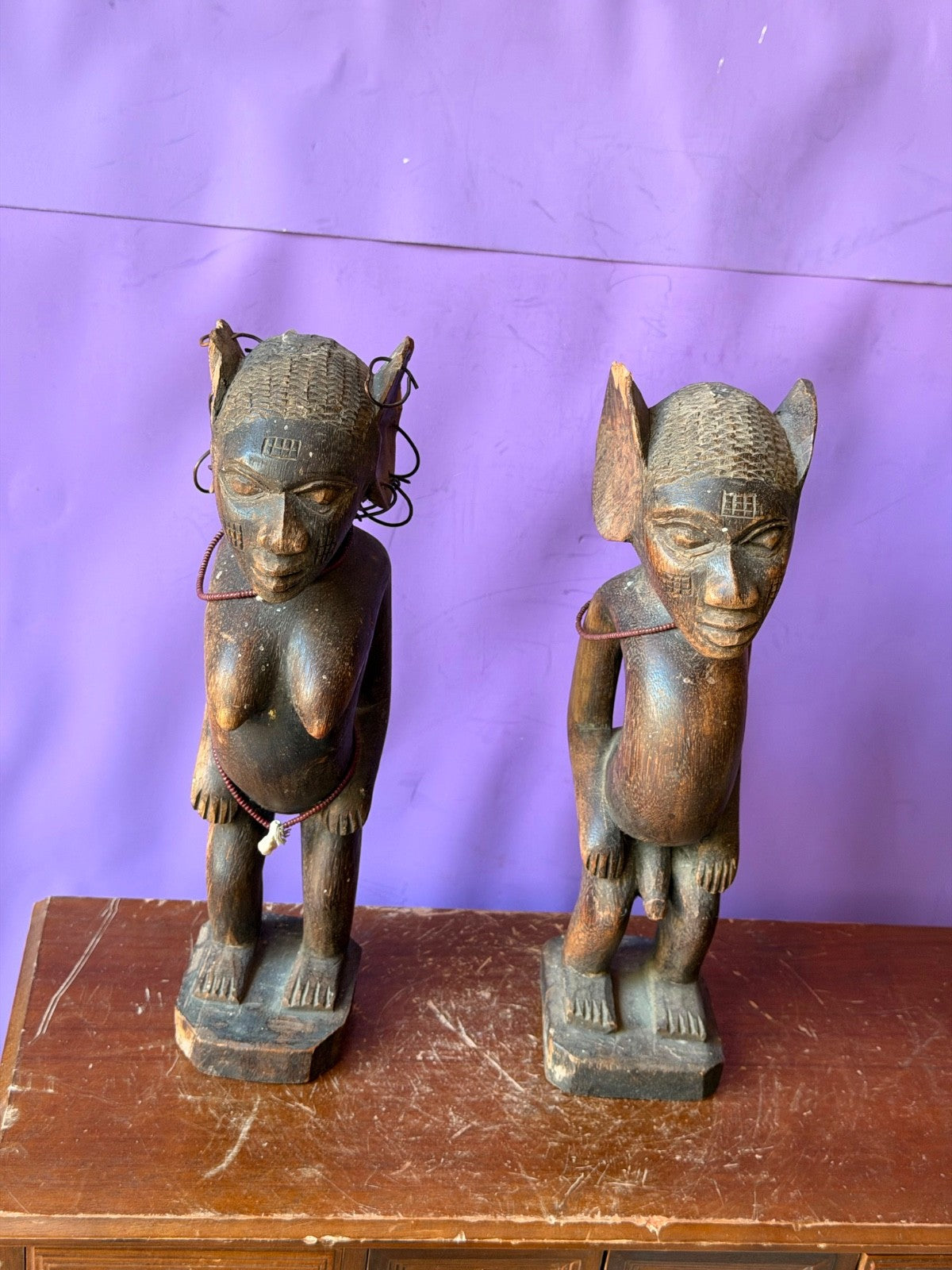Vintage Fon Venavi Twin Figures Pair Benin Carved Wood African Sculpture 11"