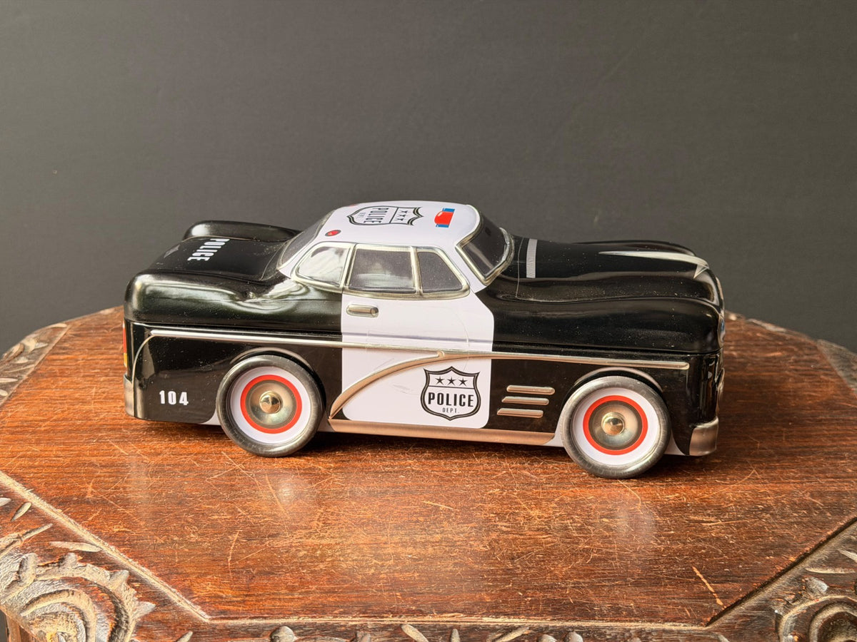 Silver Crane Police Car Cookie Tin Retro 1950s Cruiser Novelty Tin Box 10.5"
