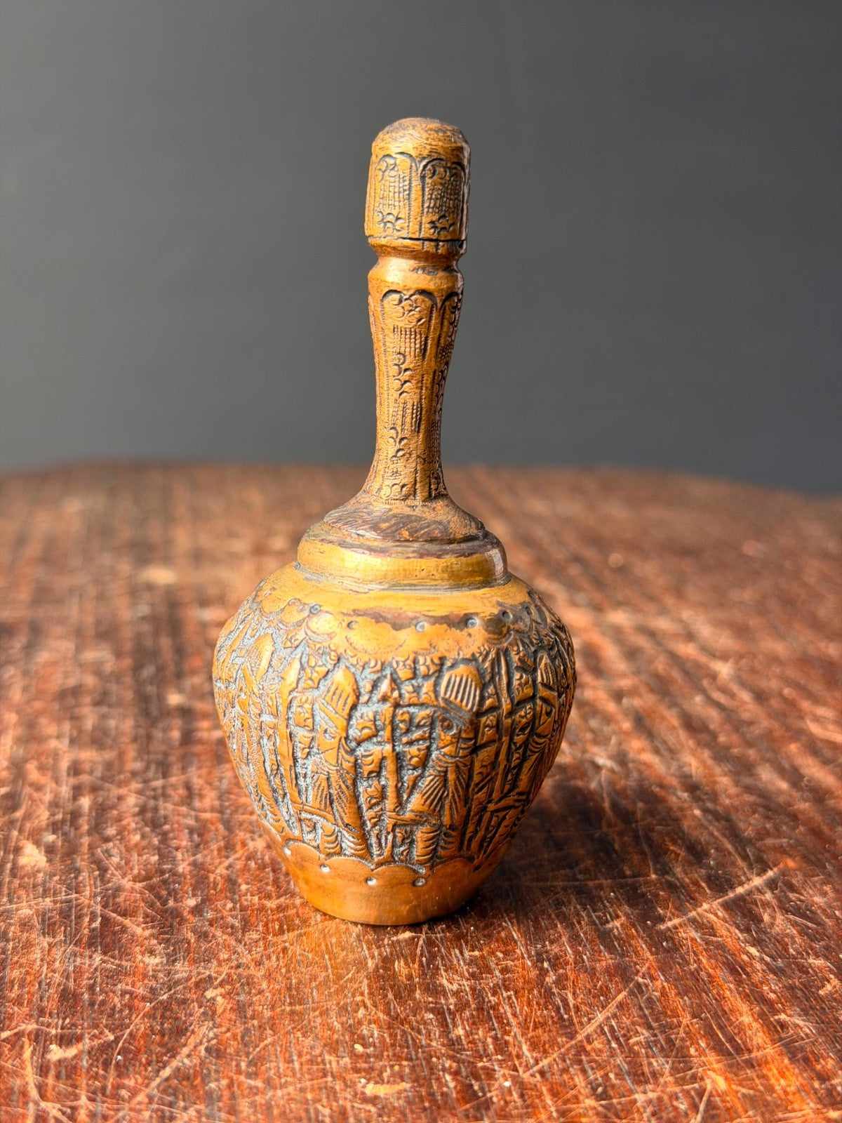 Vintage Brass Kohl Bottle Perfume Flask Etched Procession Mini Vessel