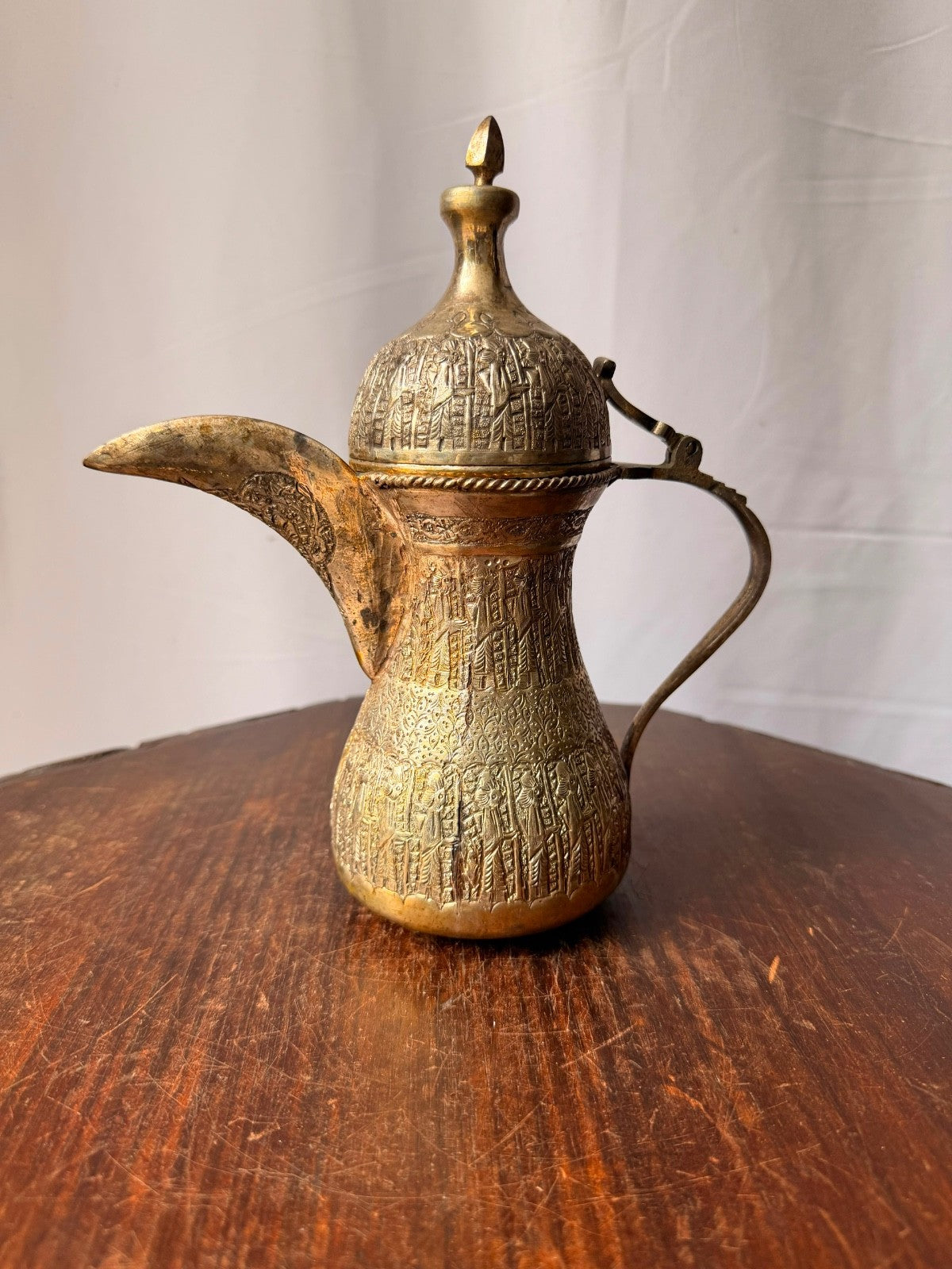 Vintage Near Eastern Silvered Brass Dallah Coffee Pot Figural Repousse Ewer