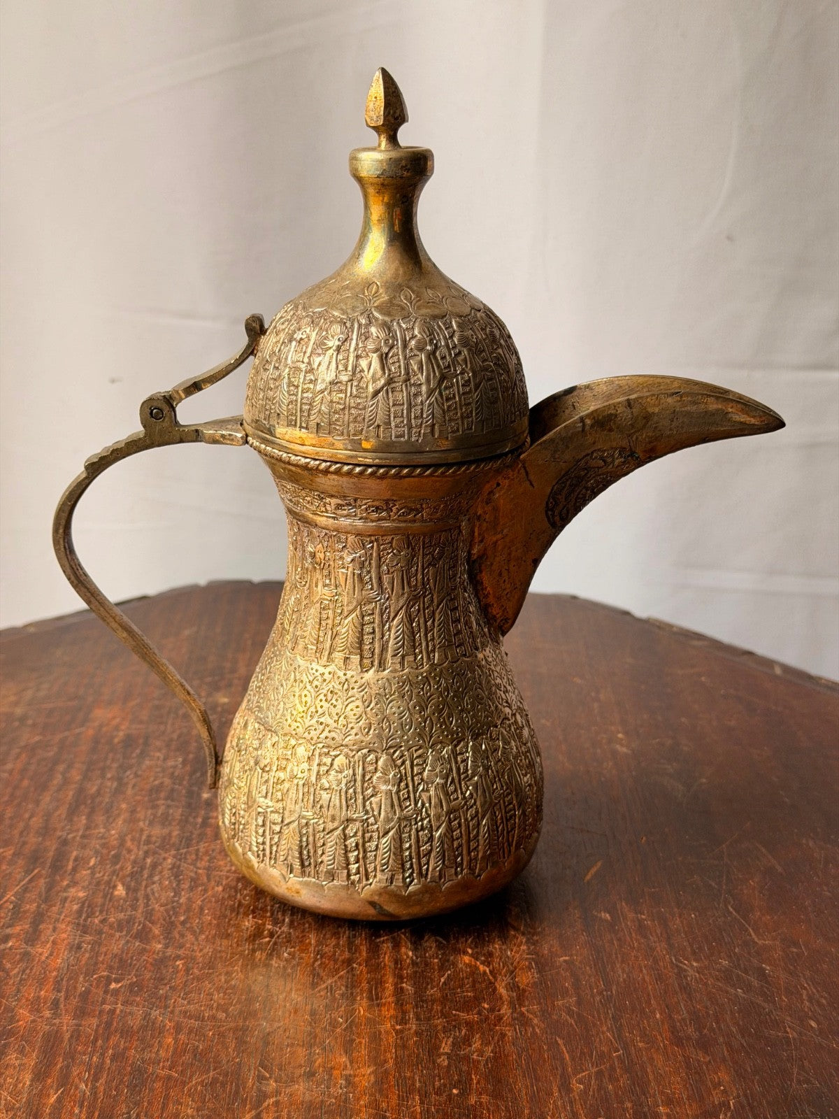 Vintage Near Eastern Silvered Brass Dallah Coffee Pot Figural Repousse Ewer