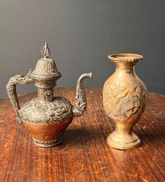 Vintage Ornate Near Eastern Repousse Silvered Teapot Ewer & Brass Vase Lot