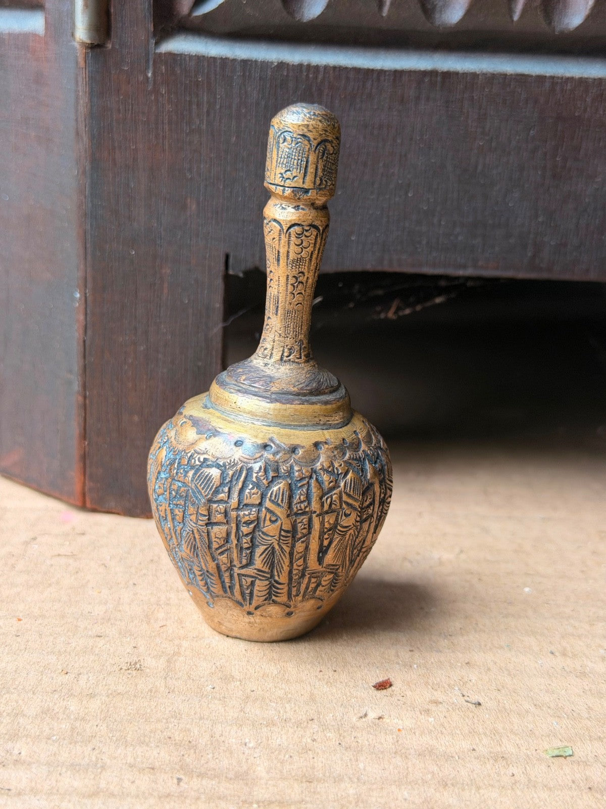 Vintage Brass Kohl Bottle Perfume Flask Etched Procession Mini Vessel