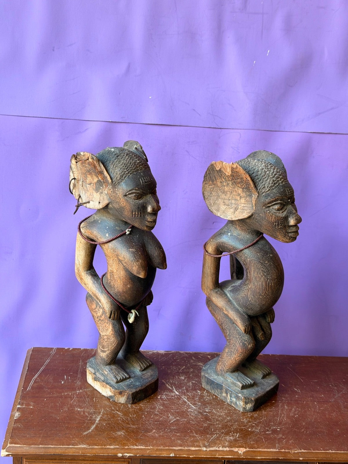 Vintage Fon Venavi Twin Figures Pair Benin Carved Wood African Sculpture 11"