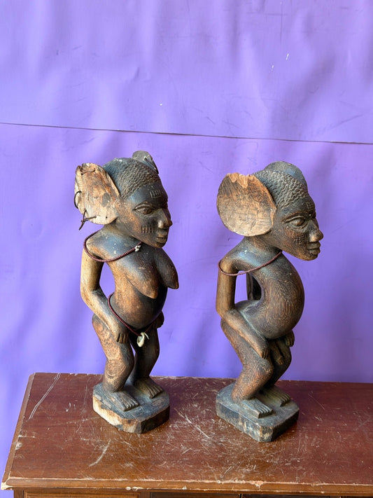 Vintage Fon Venavi Twin Figures Pair Benin Carved Wood African Sculpture 11"