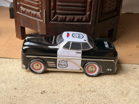 Silver Crane Police Car Cookie Tin Retro 1950s Cruiser Novelty Tin Box 10.5"