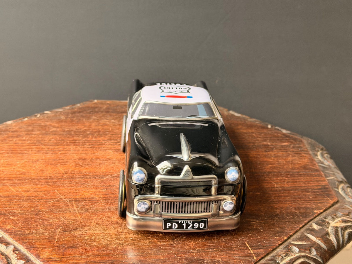 Silver Crane Police Car Cookie Tin Retro 1950s Cruiser Novelty Tin Box 10.5"