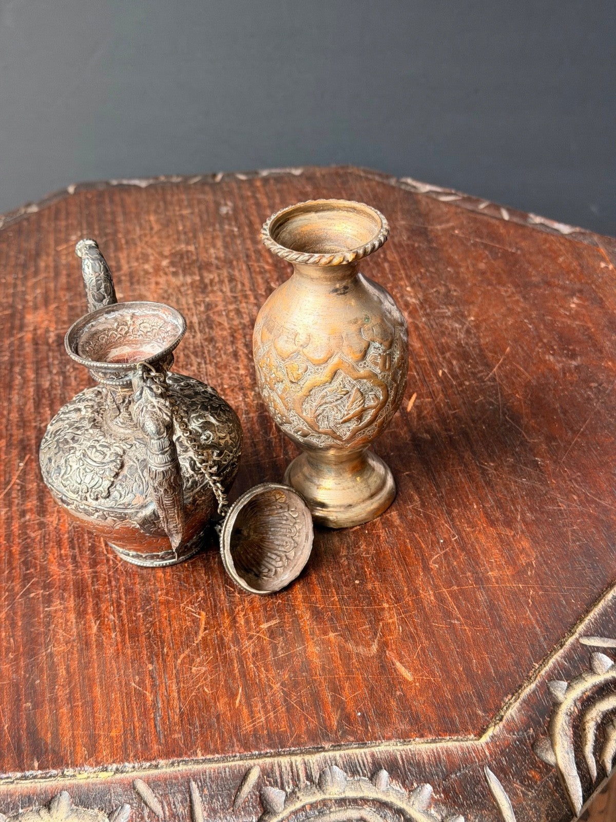 Vintage Ornate Near Eastern Repousse Silvered Teapot Ewer & Brass Vase Lot