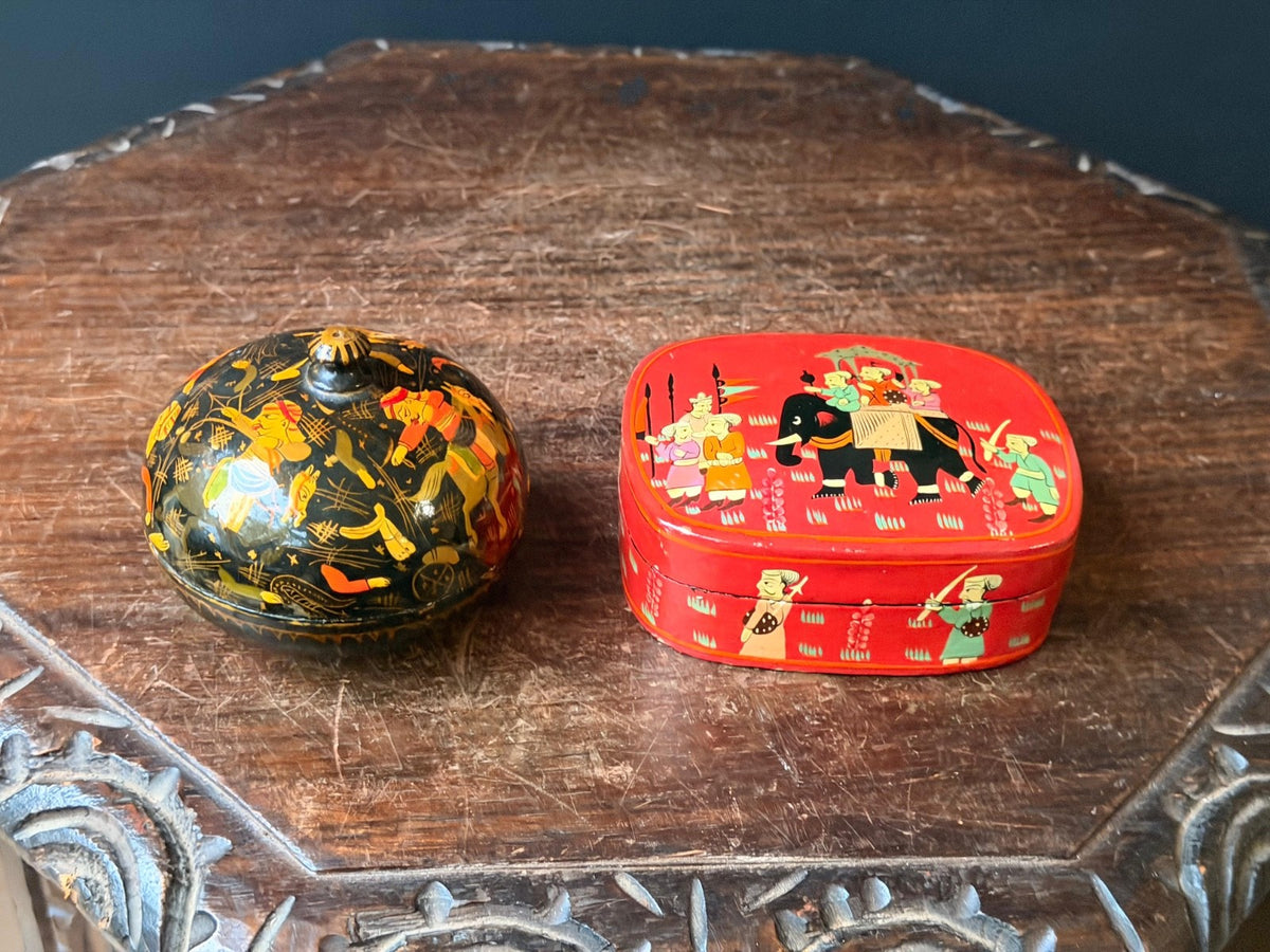 Vintage Hand Painted Lacquer Wood Box Set Royal Elephant Procession Folk Art