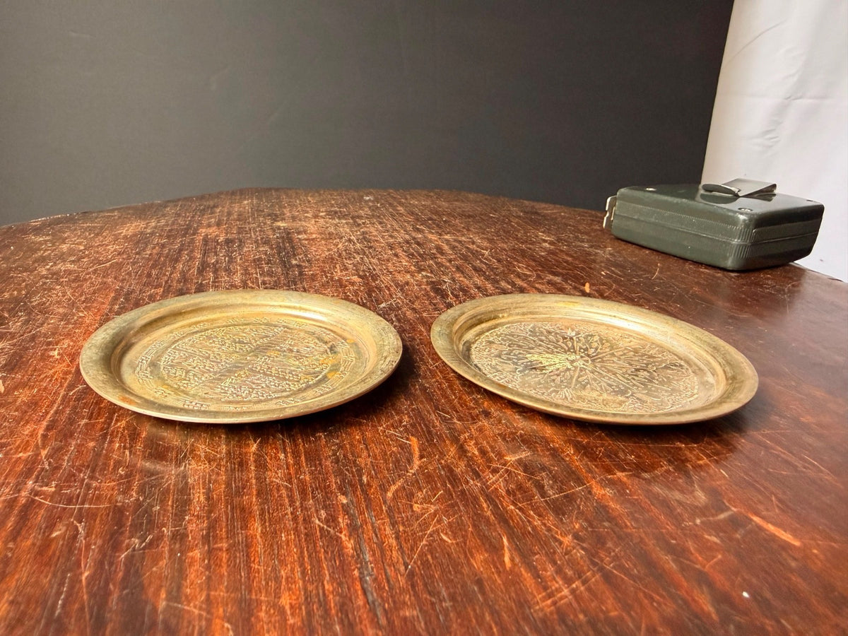 Vintage Middle Eastern Silver Plated Coasters Near Eastern Etched Dish Pair
