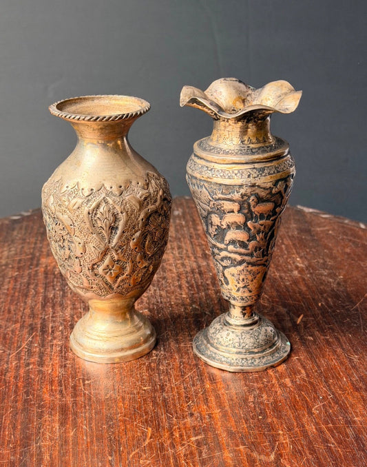 Vintage Near Eastern Silver Plated Brass Vases Pastoral Scene Folk Art