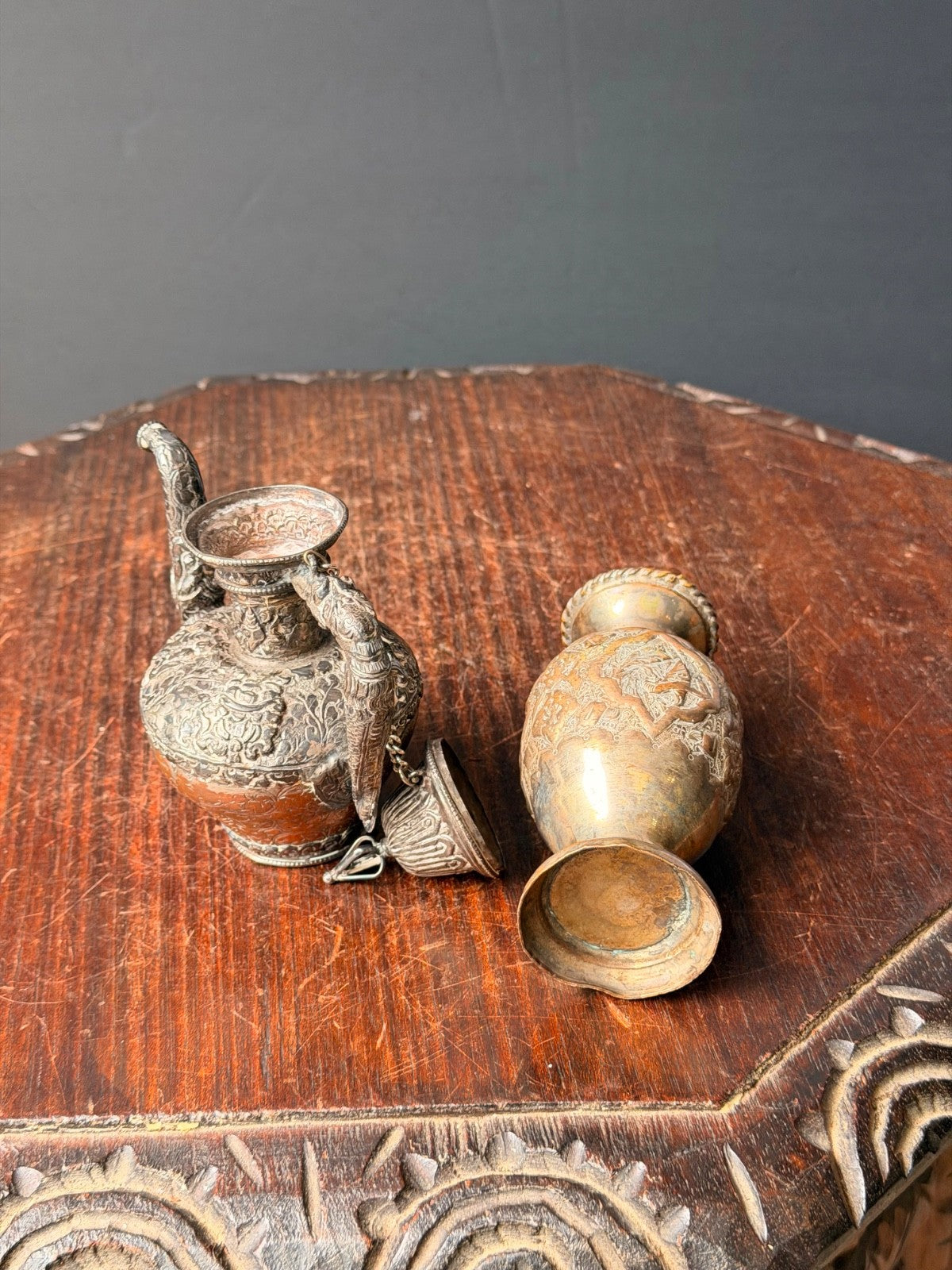 Vintage Ornate Near Eastern Repousse Silvered Teapot Ewer & Brass Vase Lot