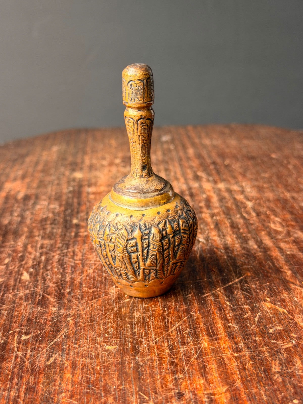 Vintage Brass Kohl Bottle Perfume Flask Etched Procession Mini Vessel