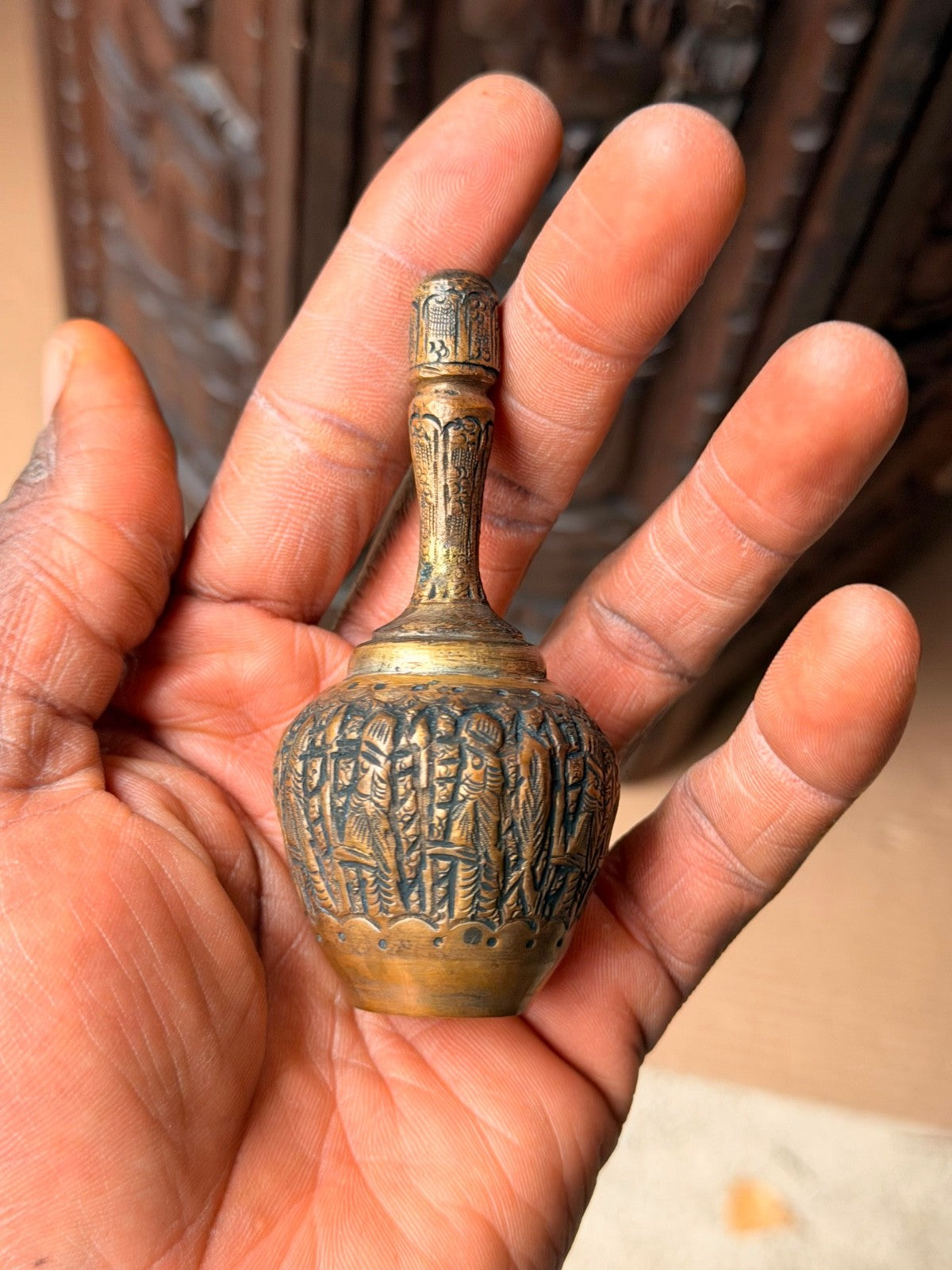 Vintage Brass Kohl Bottle Perfume Flask Etched Procession Mini Vessel