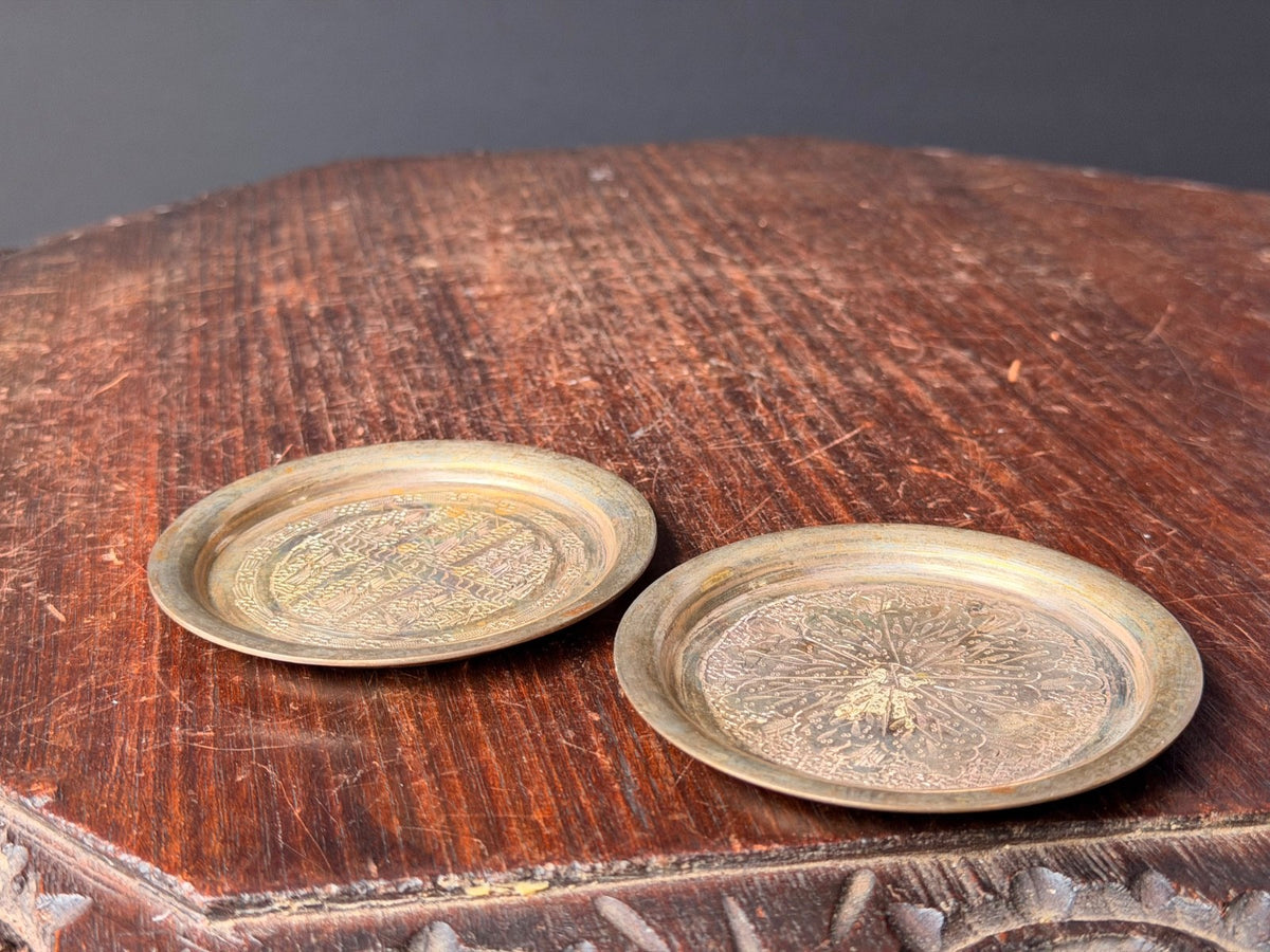 Vintage Middle Eastern Silver Plated Coasters Near Eastern Etched Dish Pair