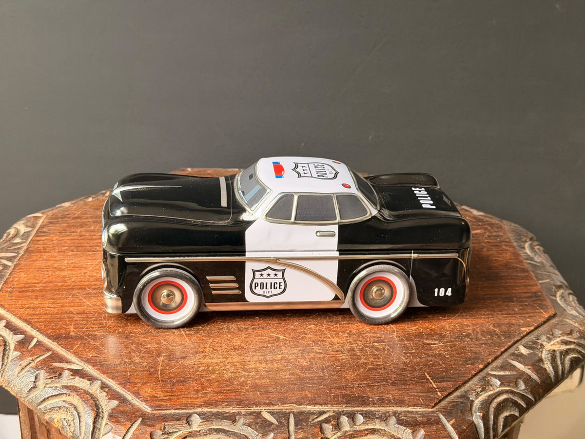 Silver Crane Police Car Cookie Tin Retro 1950s Cruiser Novelty Tin Box 10.5"