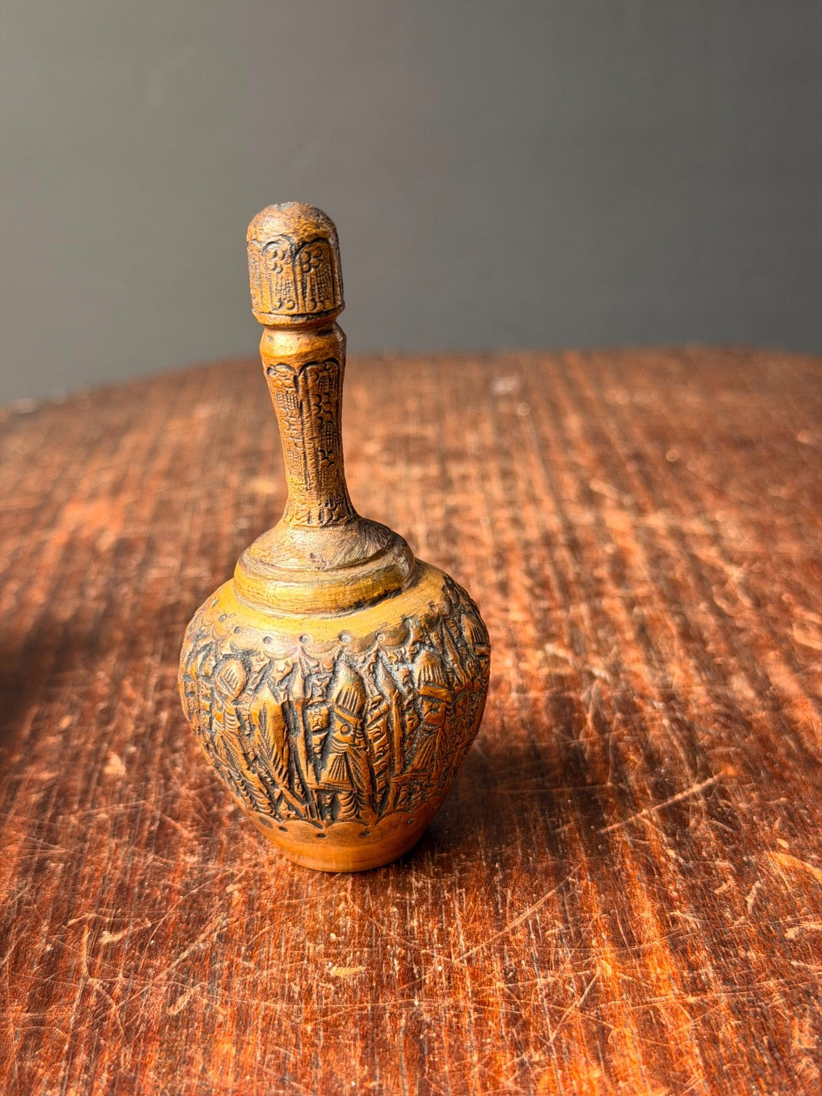 Vintage Brass Kohl Bottle Perfume Flask Etched Procession Mini Vessel