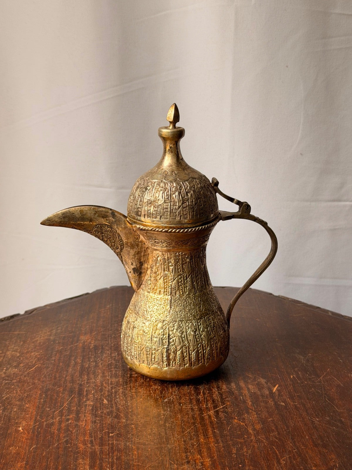 Vintage Near Eastern Silvered Brass Dallah Coffee Pot Figural Repousse Ewer