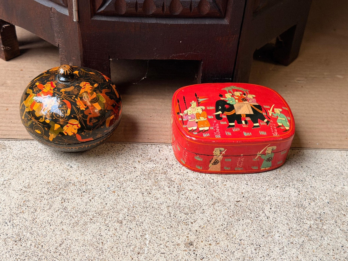 Vintage Hand Painted Lacquer Wood Box Set Royal Elephant Procession Folk Art