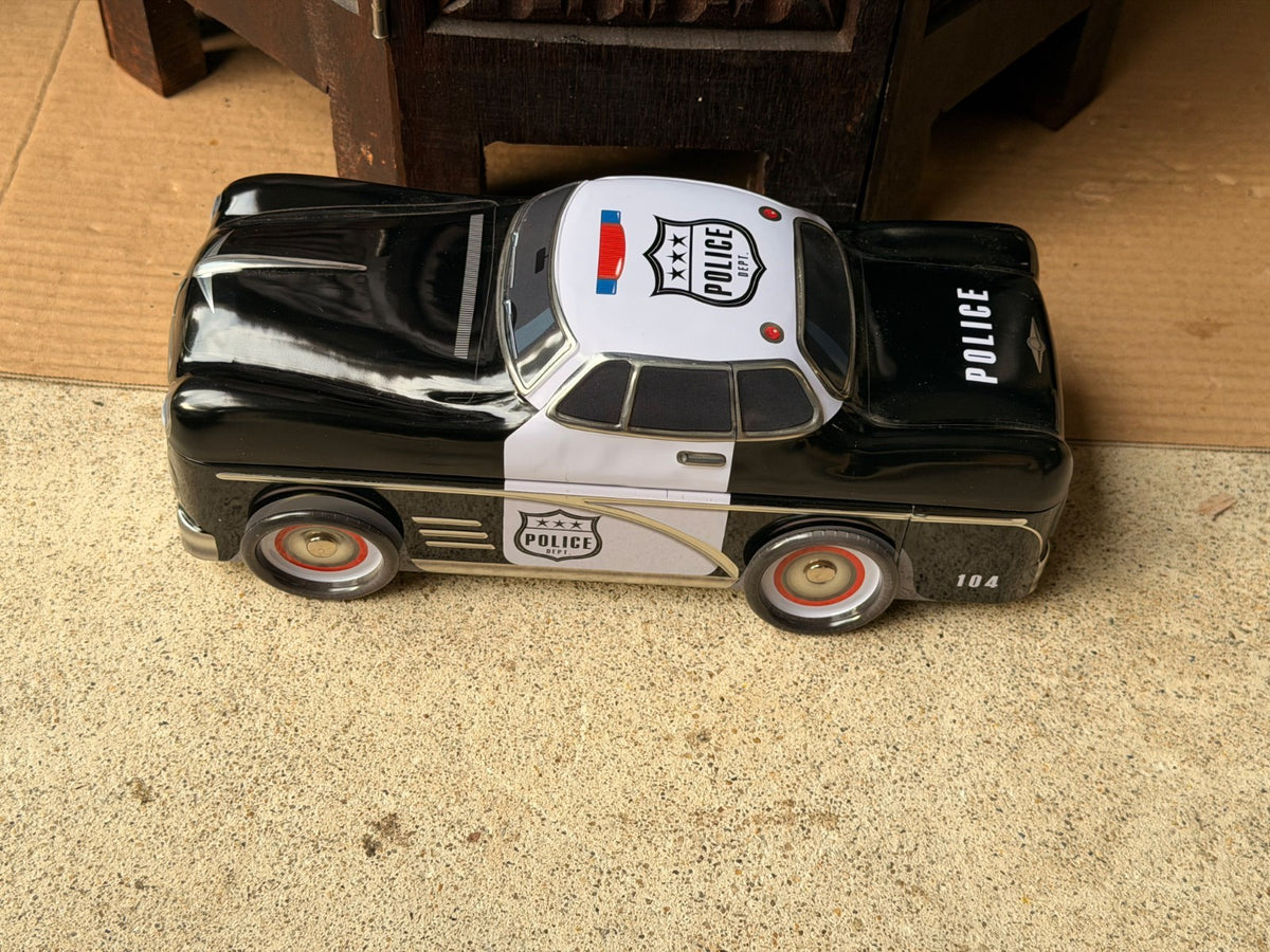 Silver Crane Police Car Cookie Tin Retro 1950s Cruiser Novelty Tin Box 10.5"
