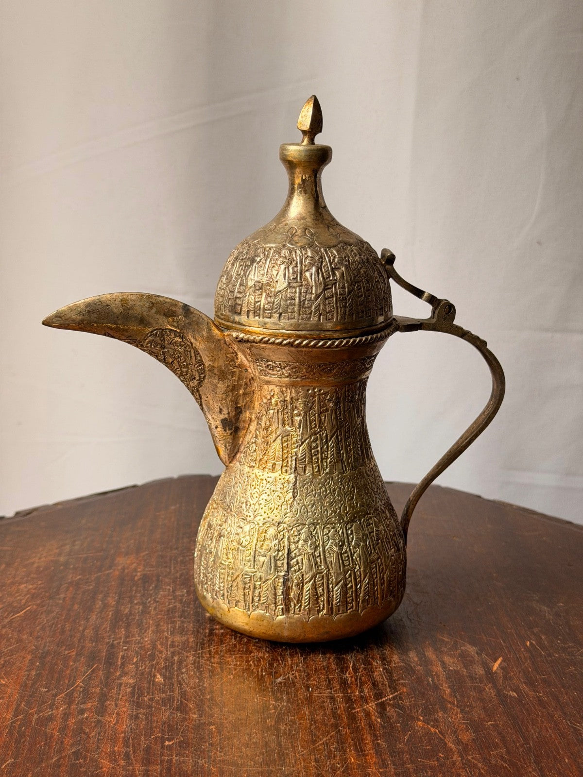 Vintage Near Eastern Silvered Brass Dallah Coffee Pot Figural Repousse Ewer