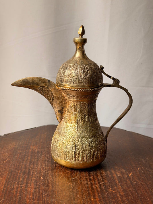 Vintage Near Eastern Silvered Brass Dallah Coffee Pot Figural Repousse Ewer