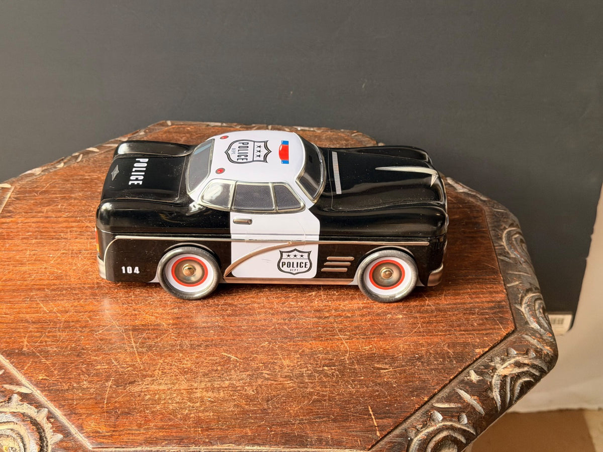 Silver Crane Police Car Cookie Tin Retro 1950s Cruiser Novelty Tin Box 10.5"