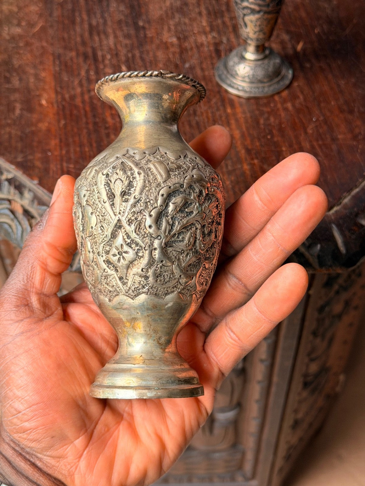 Vintage Near Eastern Silver Plated Brass Vases Pastoral Scene Folk Art