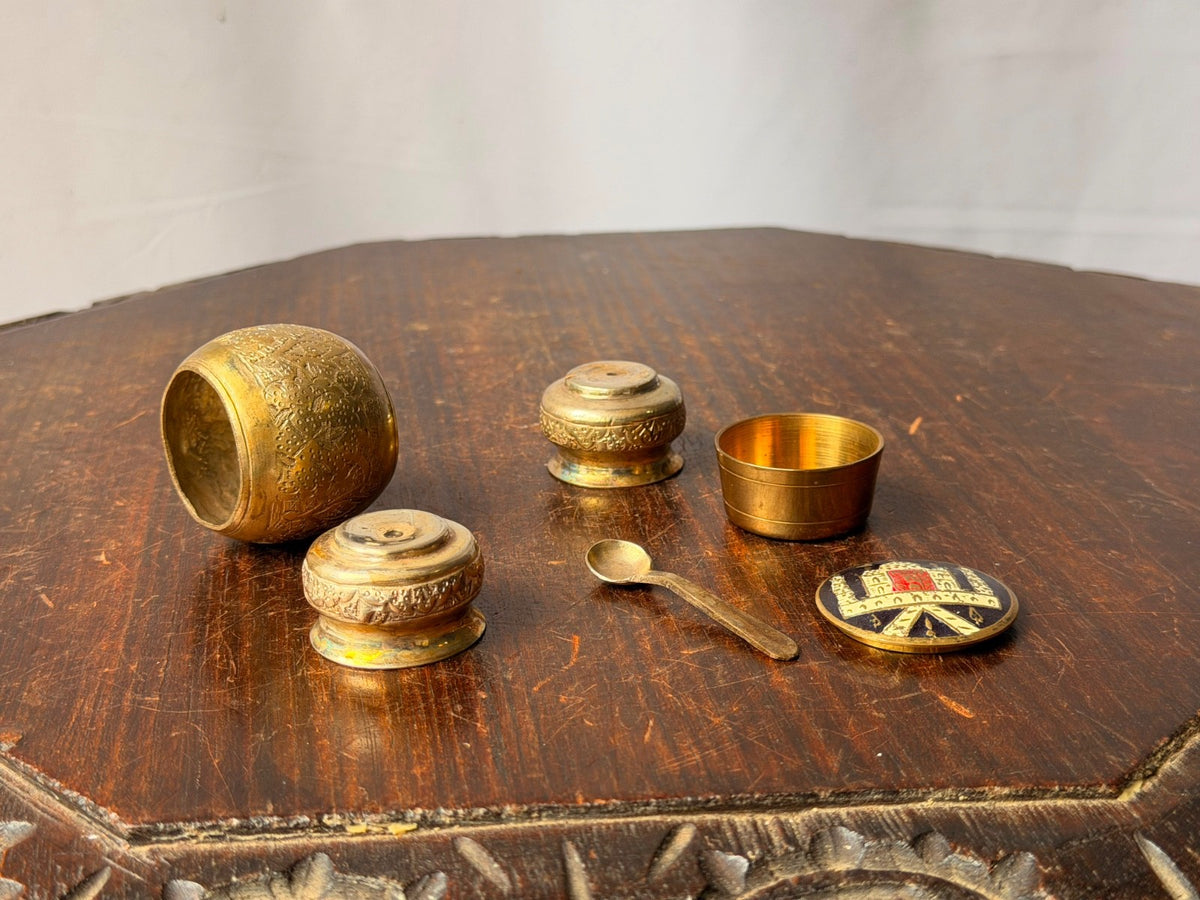 Vintage Brass Miniature Vessel Set Enameled Trinket Box Small Spice Bowls Spoon