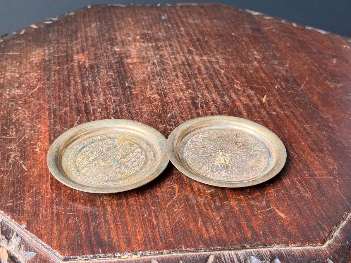 Vintage Middle Eastern Silver Plated Coasters Near Eastern Etched Dish Pair