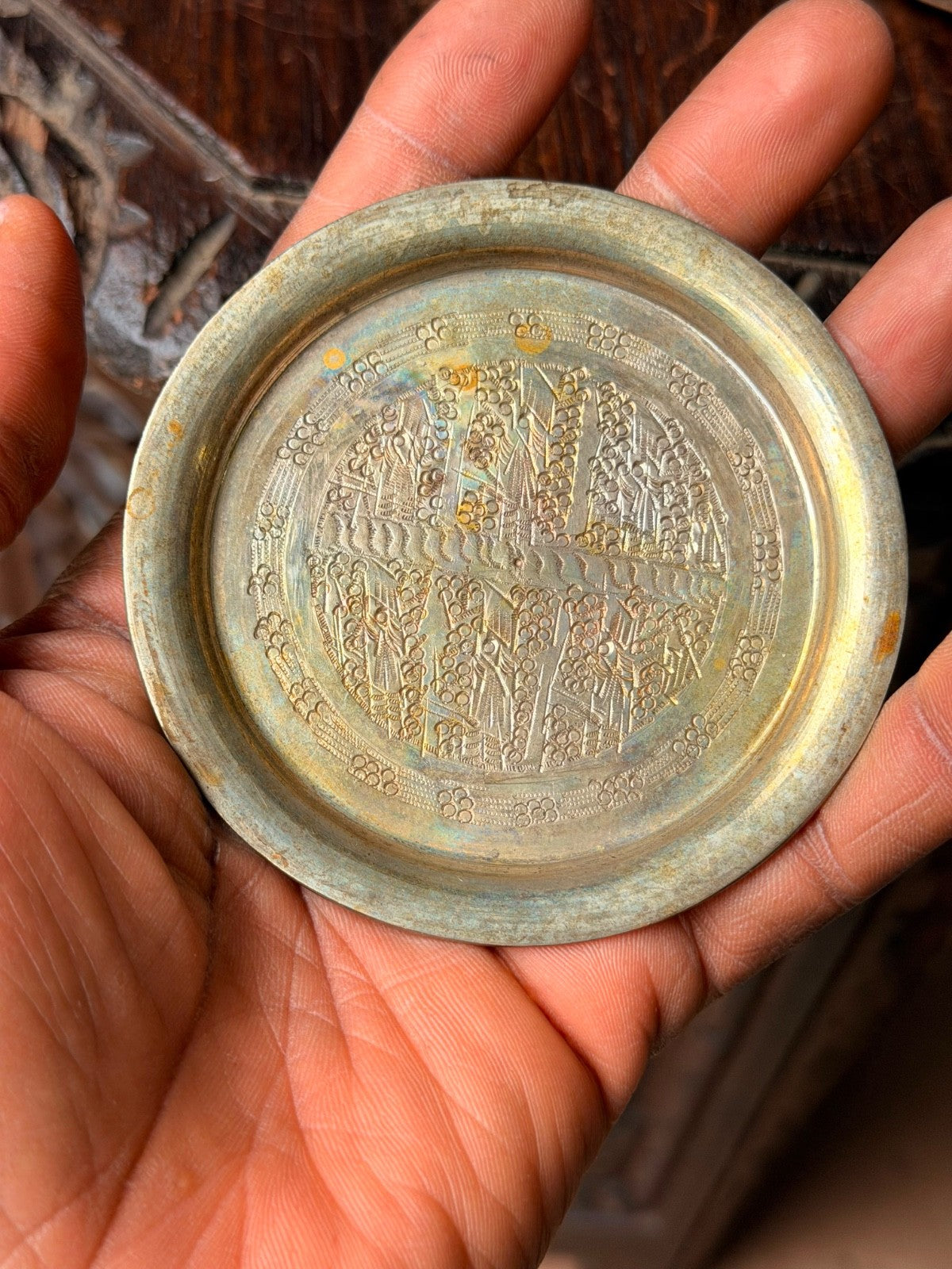 Vintage Middle Eastern Silver Plated Coasters Near Eastern Etched Dish Pair