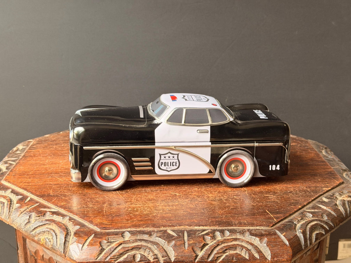 Silver Crane Police Car Cookie Tin Retro 1950s Cruiser Novelty Tin Box 10.5"