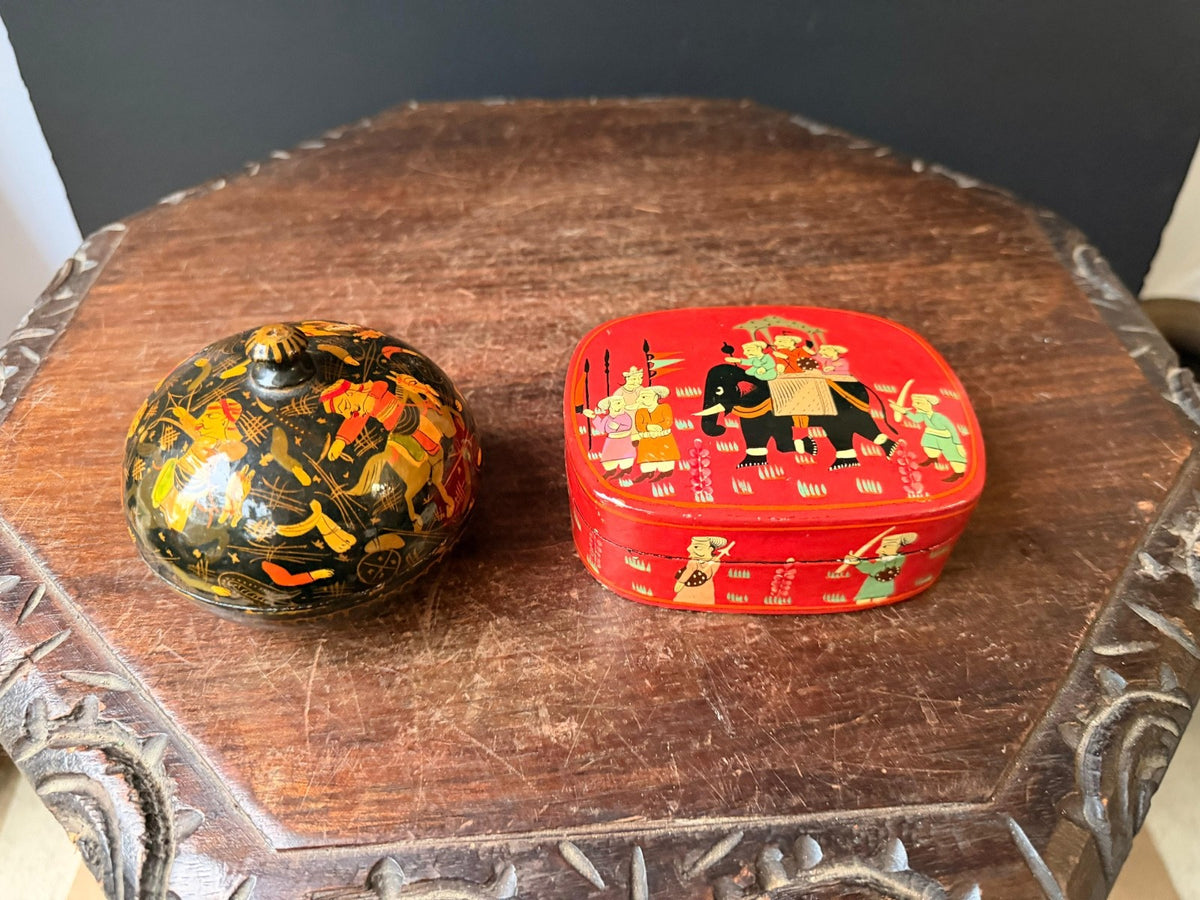 Vintage Hand Painted Lacquer Wood Box Set Royal Elephant Procession Folk Art