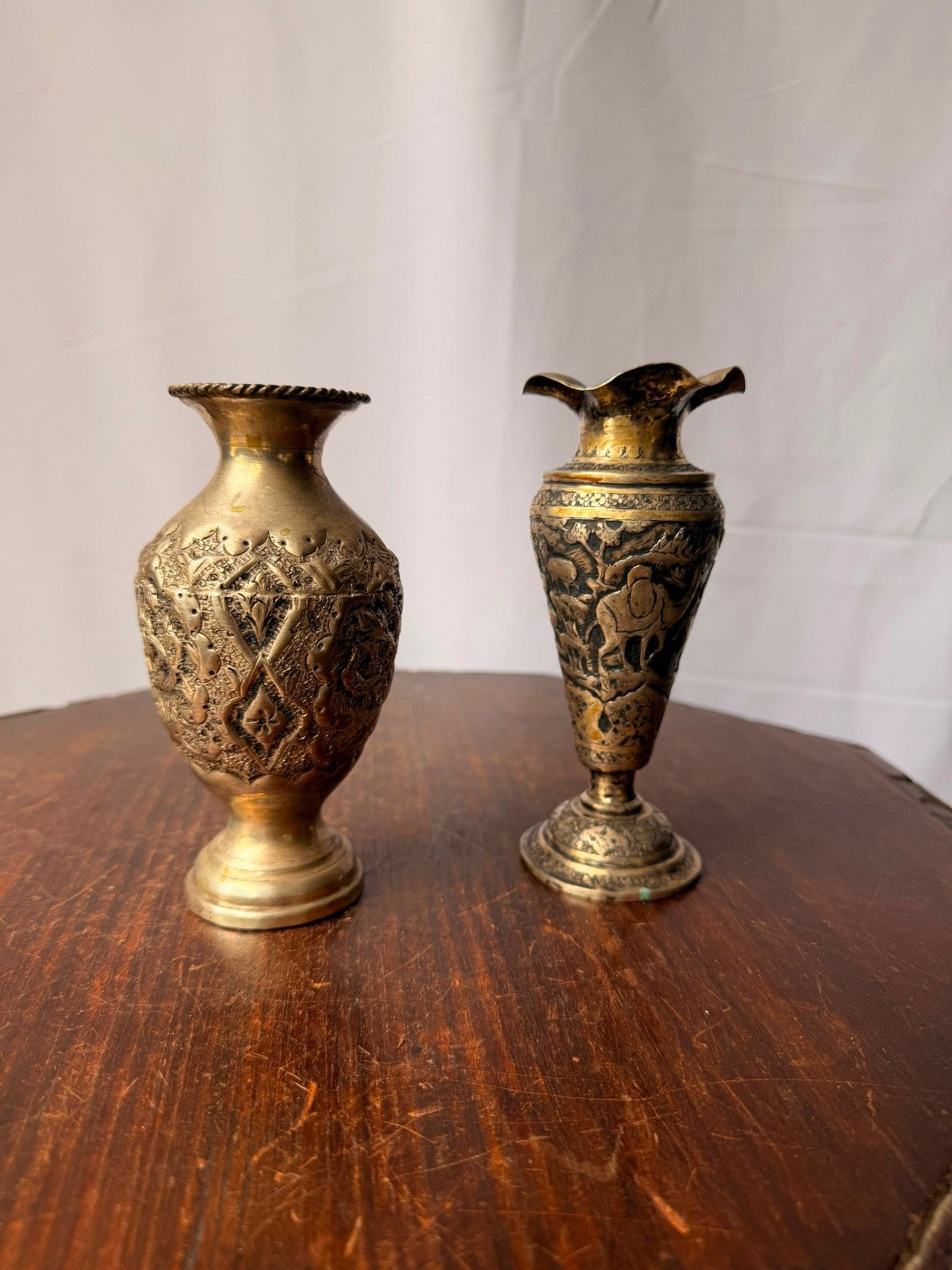Vintage Near Eastern Silver Plated Brass Vases Pastoral Scene Folk Art
