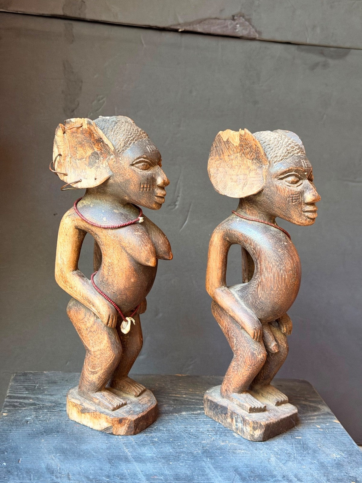 Vintage Fon Venavi Twin Figures Pair Benin Carved Wood African Sculpture 11"