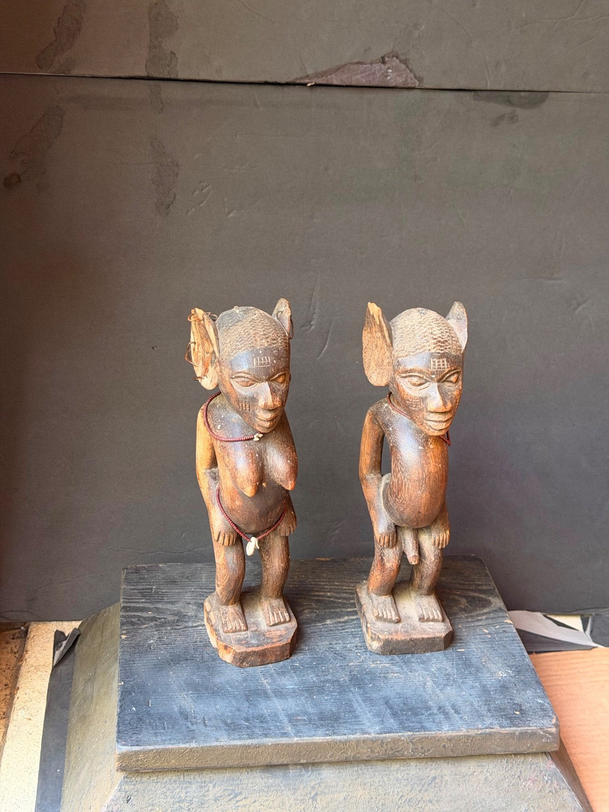 Vintage Fon Venavi Twin Figures Pair Benin Carved Wood African Sculpture 11"