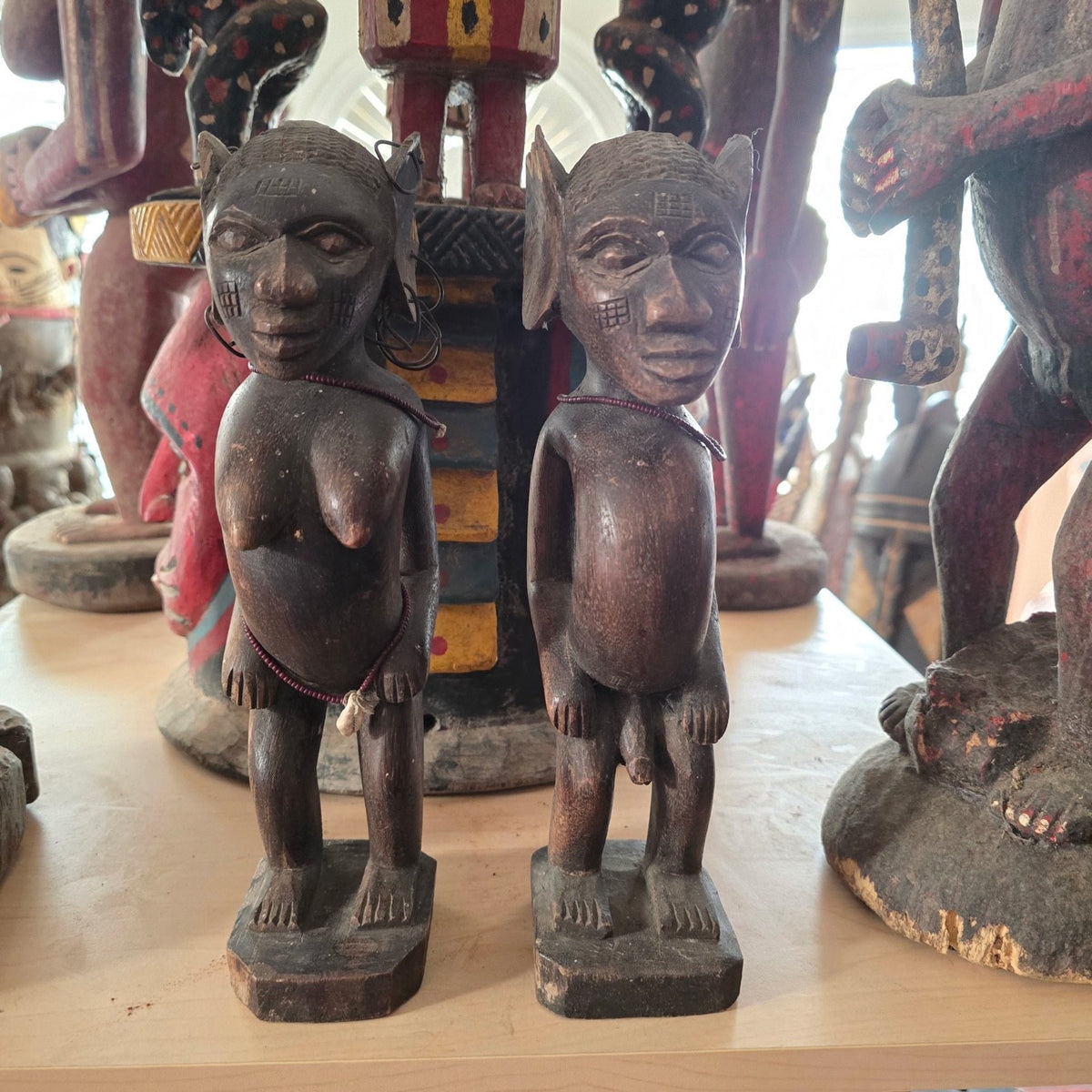 Vintage Fon Venavi Twin Figures Pair Benin Carved Wood African Sculpture 11"