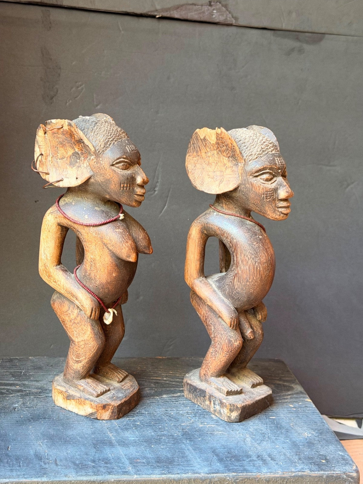 Vintage Fon Venavi Twin Figures Pair Benin Carved Wood African Sculpture 11"