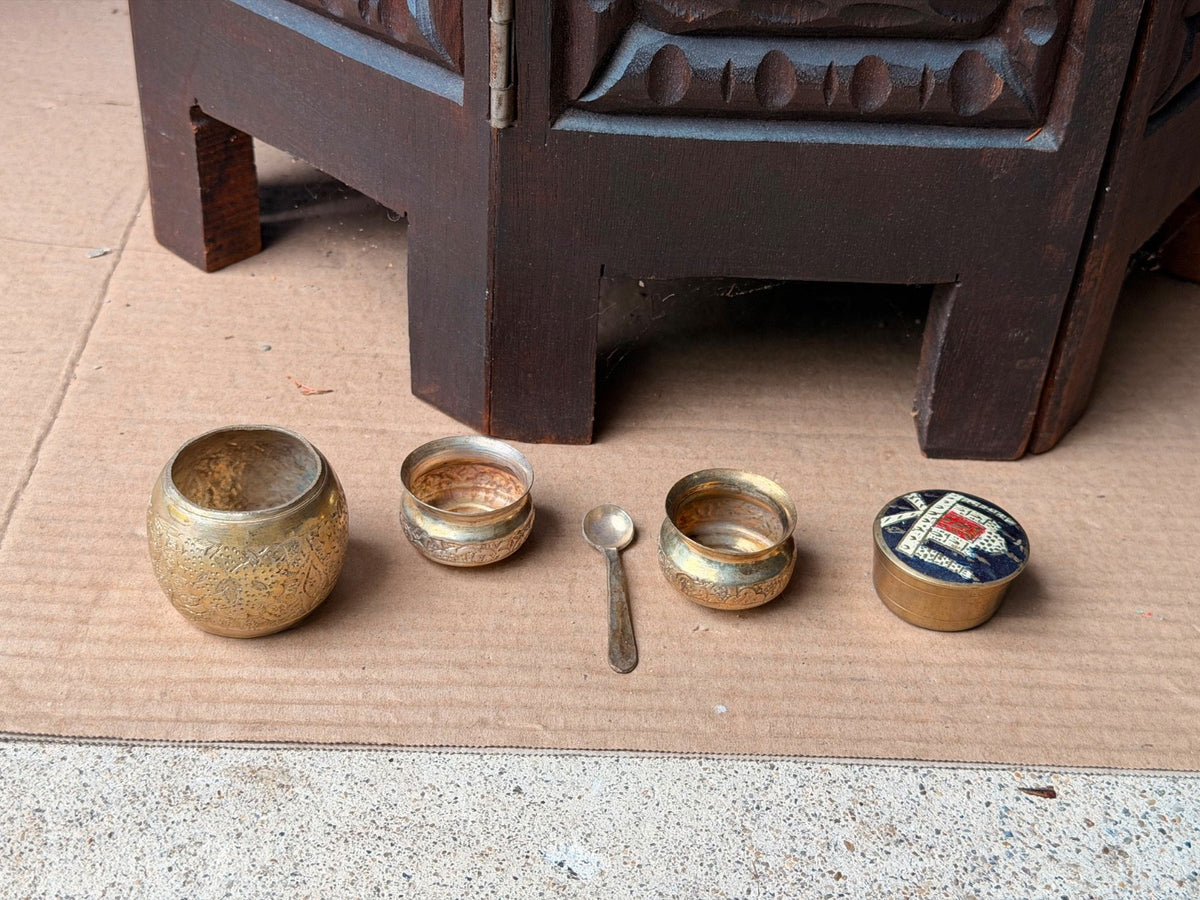 Vintage Brass Miniature Vessel Set Enameled Trinket Box Small Spice Bowls Spoon