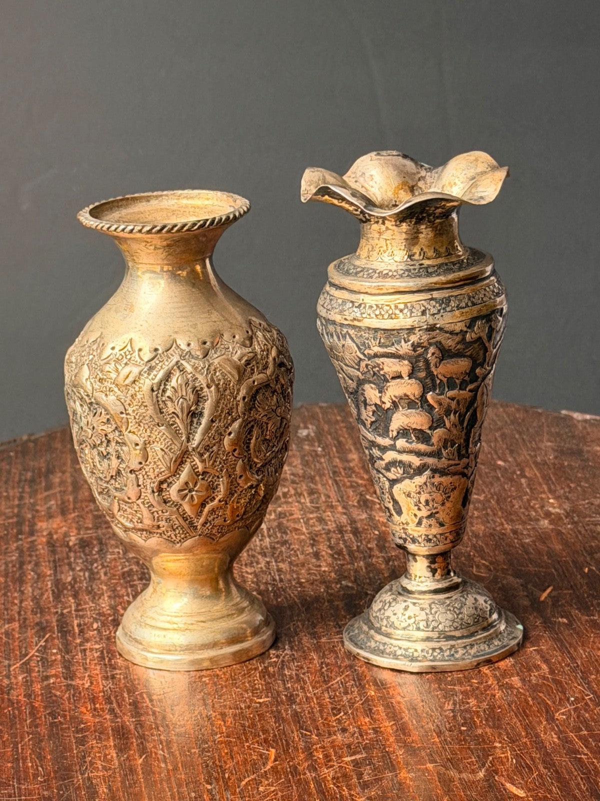 Vintage Near Eastern Silver Plated Brass Vases Pastoral Scene Folk Art