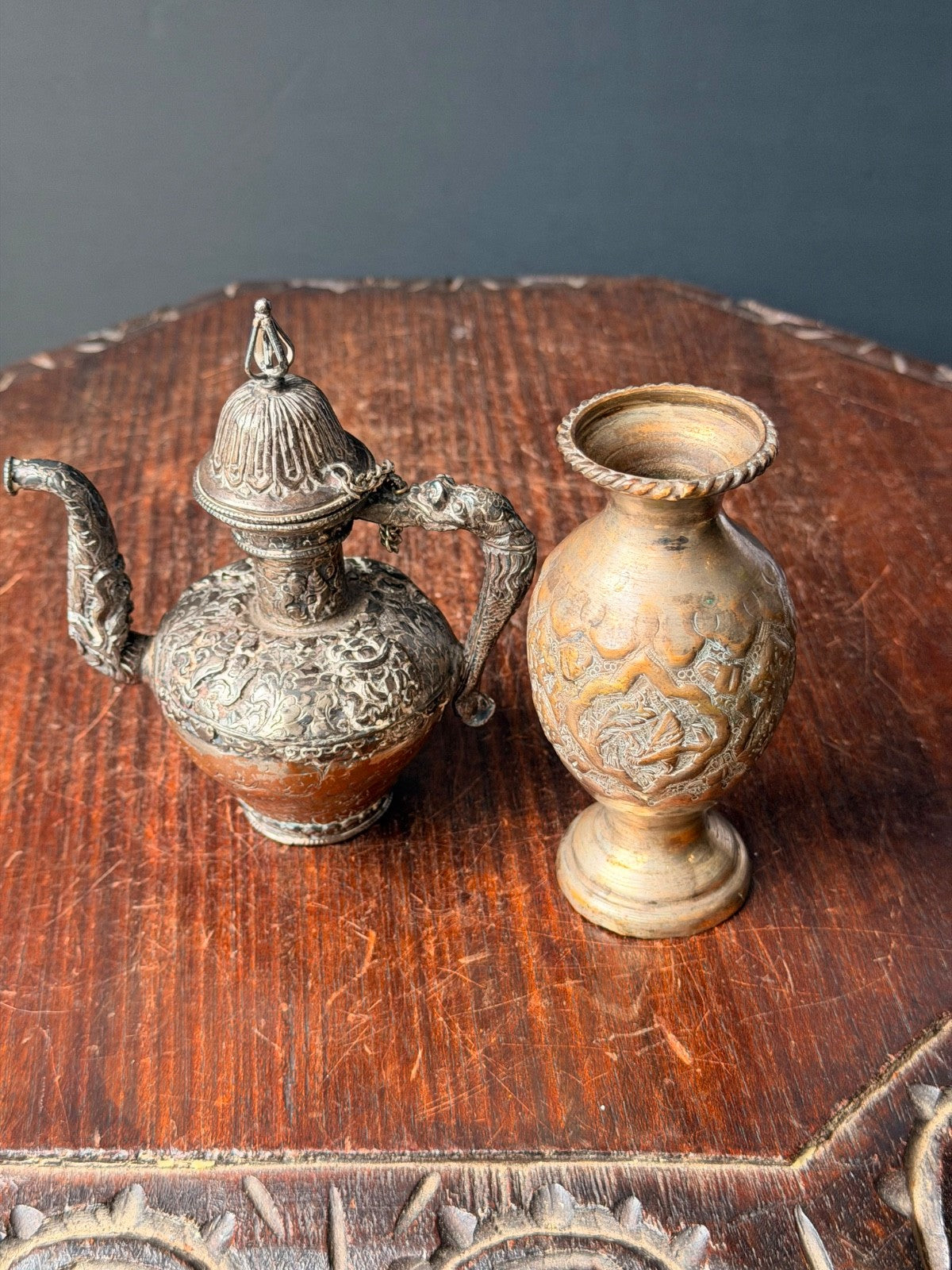 Vintage Ornate Near Eastern Repousse Silvered Teapot Ewer & Brass Vase Lot